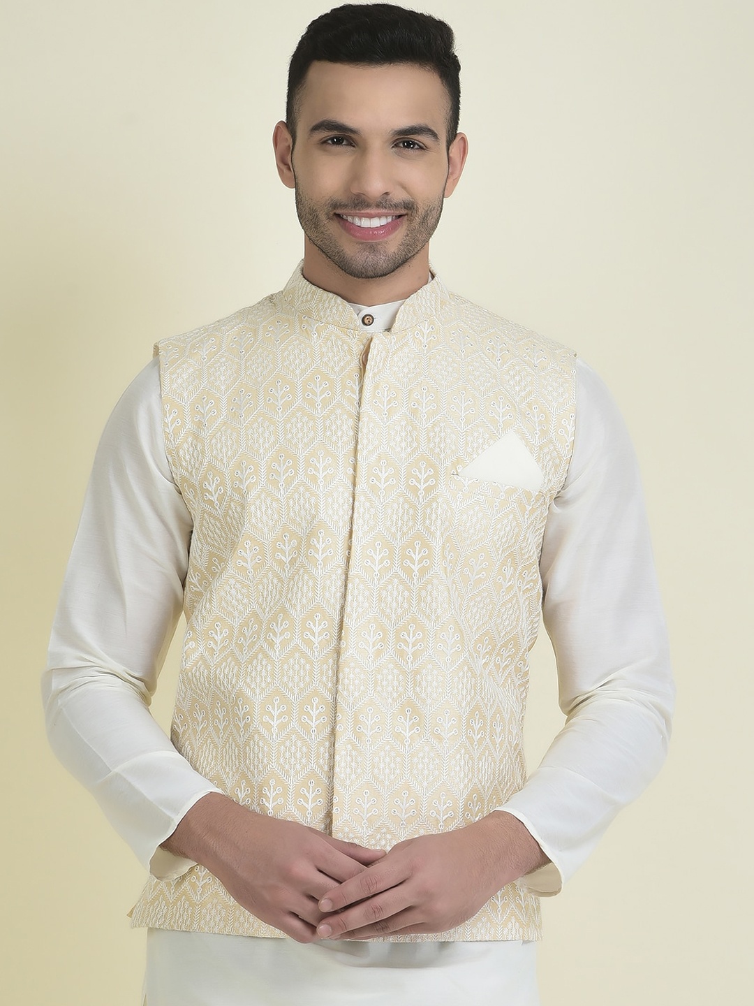 

HOUSE OF DEYANN Embroidered Mandarin Collar Nehru Jackets, Cream