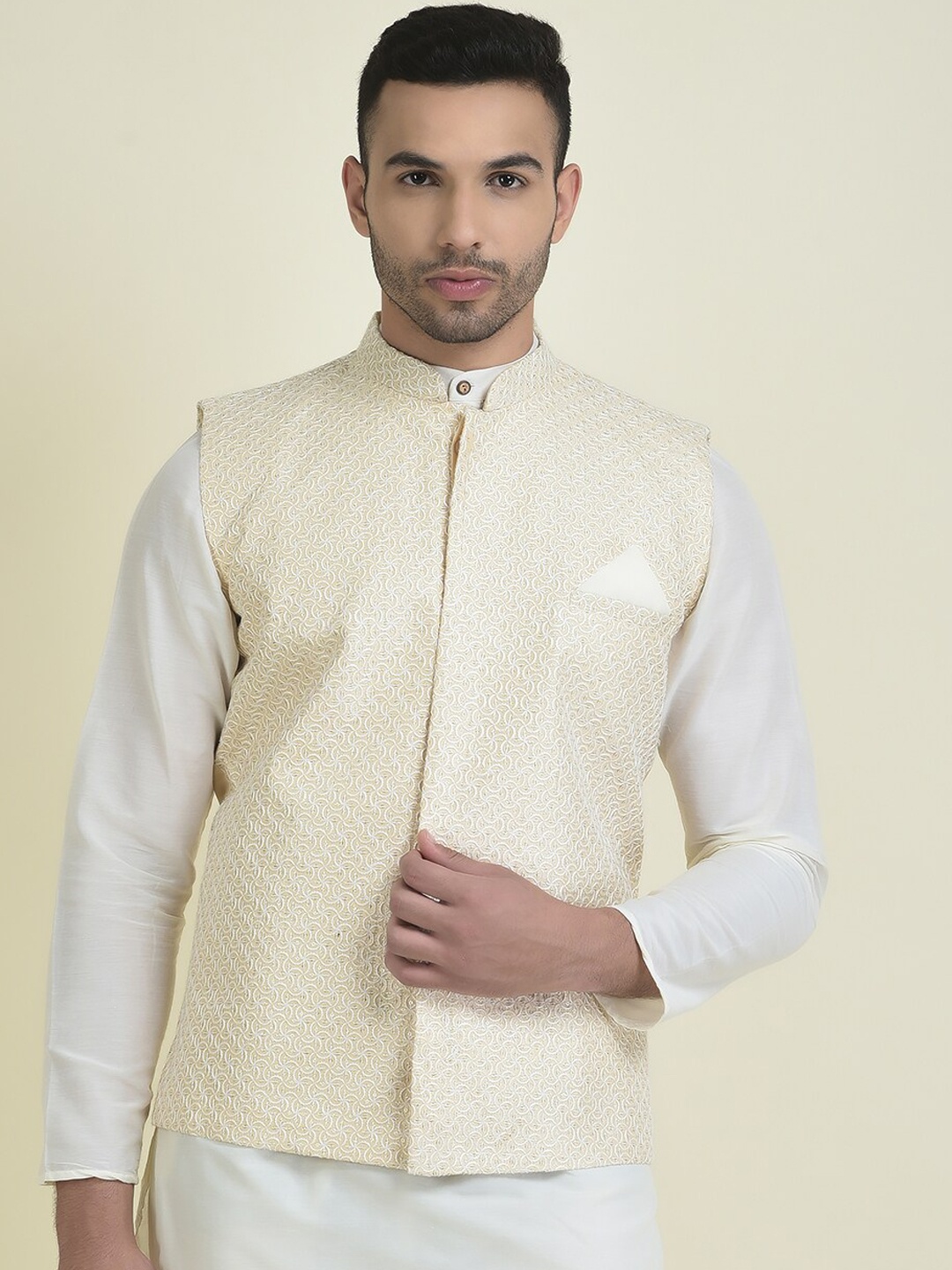 

HOUSE OF DEYANN Embroidered Mandarin Collar Nehru Jackets, Cream