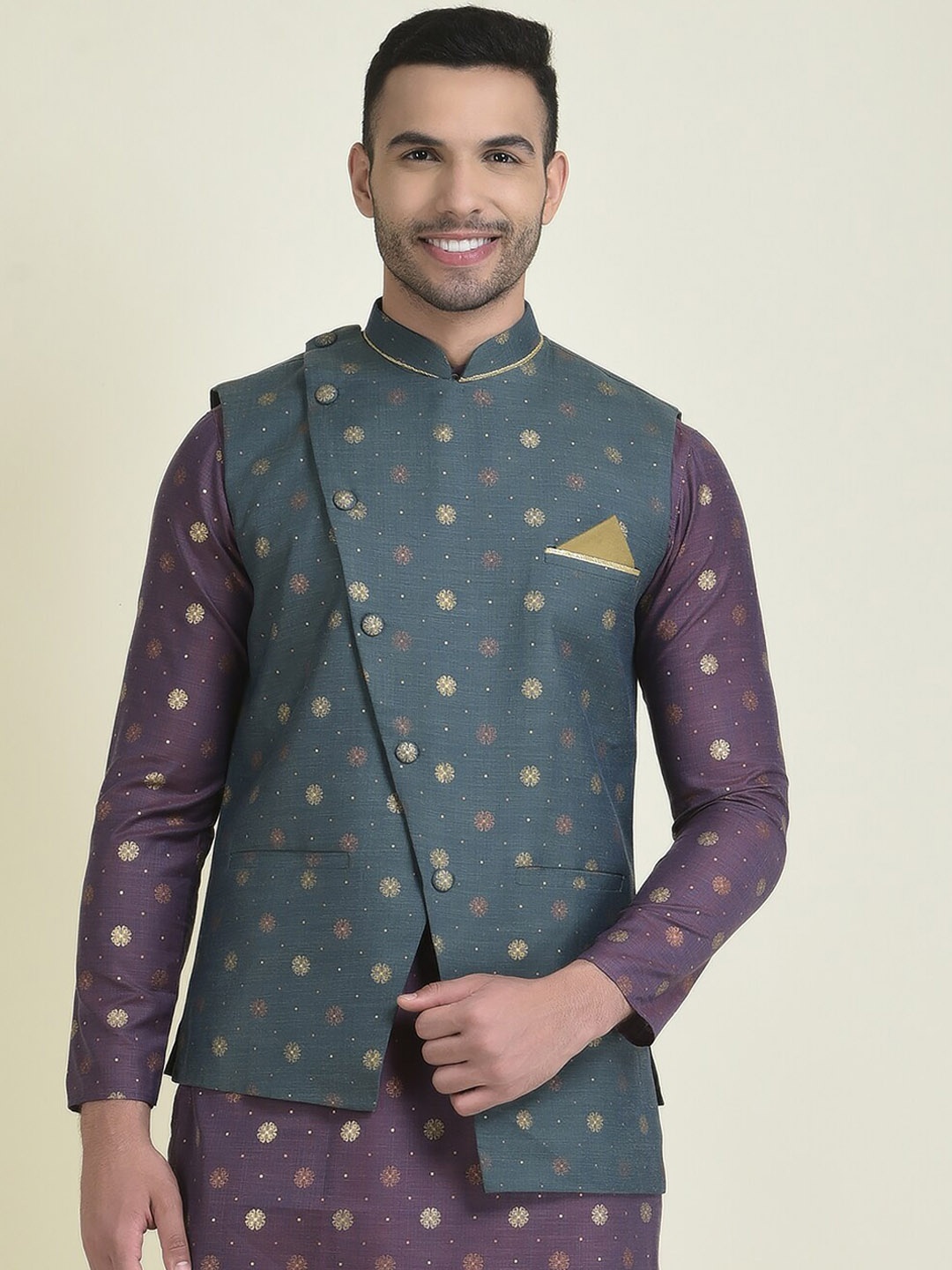 

HOUSE OF DEYANN Men Printed Mandarin Collar Nehru Jacket, Blue