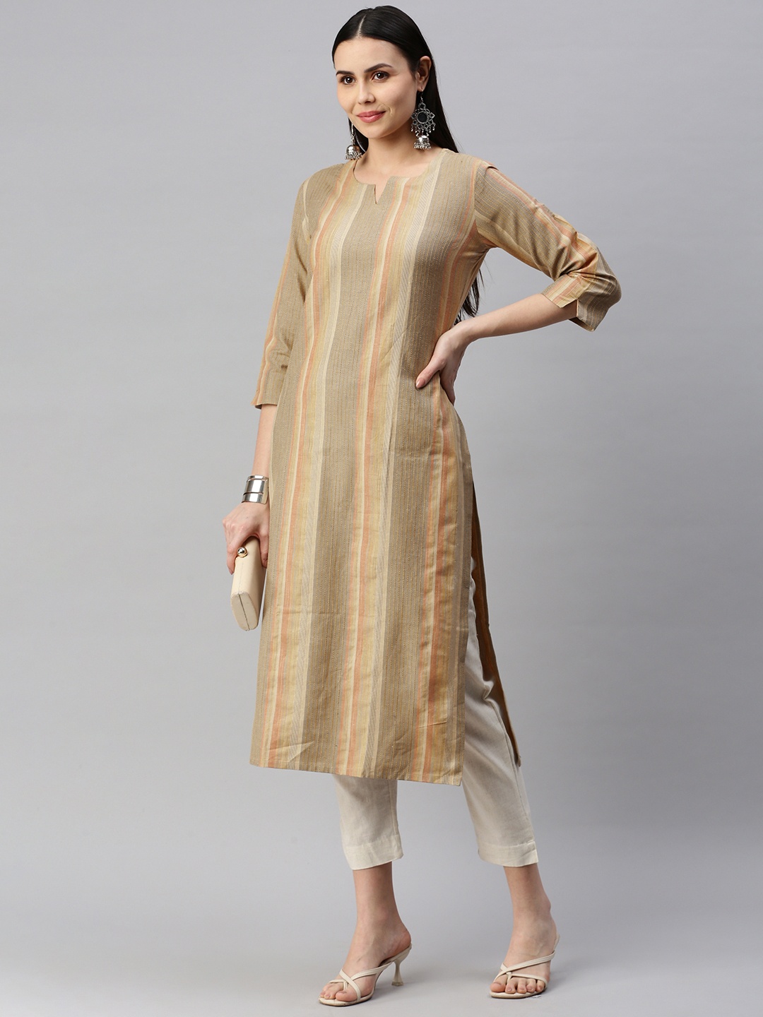 

HRITIKA Striped Embroidered Pure Cotton Kurta, Beige