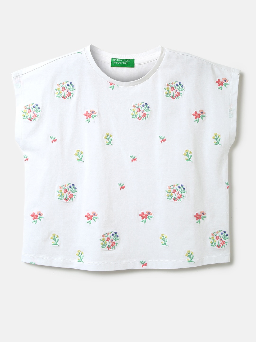 

United Colors of Benetton Girls Floral Embroidery Extended Sleeves Top, White