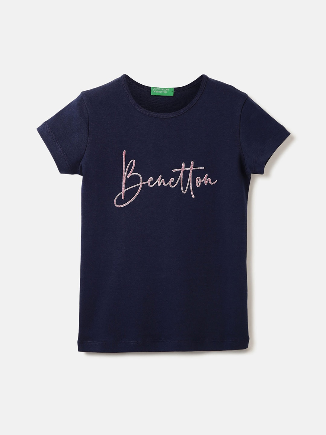 

United Colors of Benetton Girls Typography Printed Cotton Tshirt, Navy blue