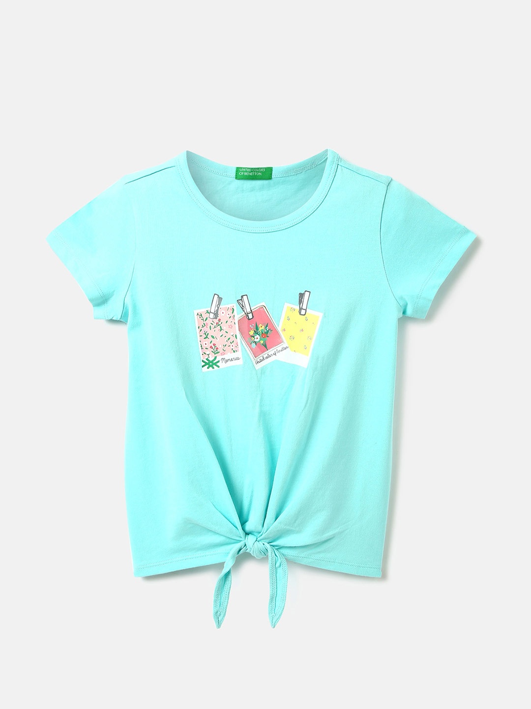 

United Colors of Benetton Girls Printed Waist Tie-Up Cotton Top, Turquoise blue