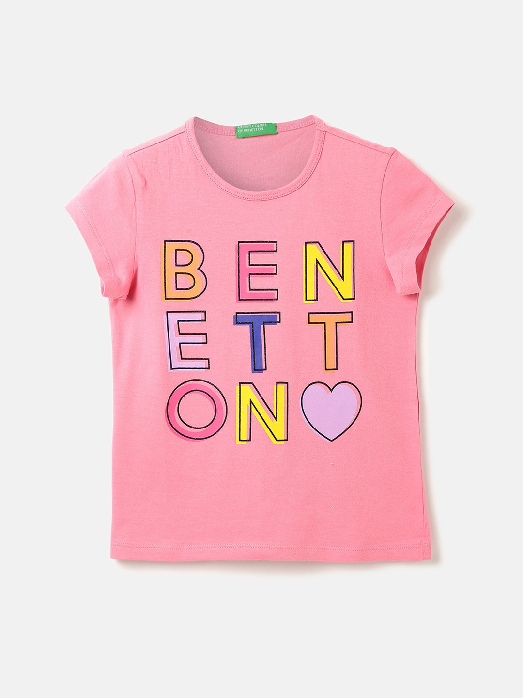 

United Colors of Benetton Girls Round Neck Typography Printed Cotton Top, Pink