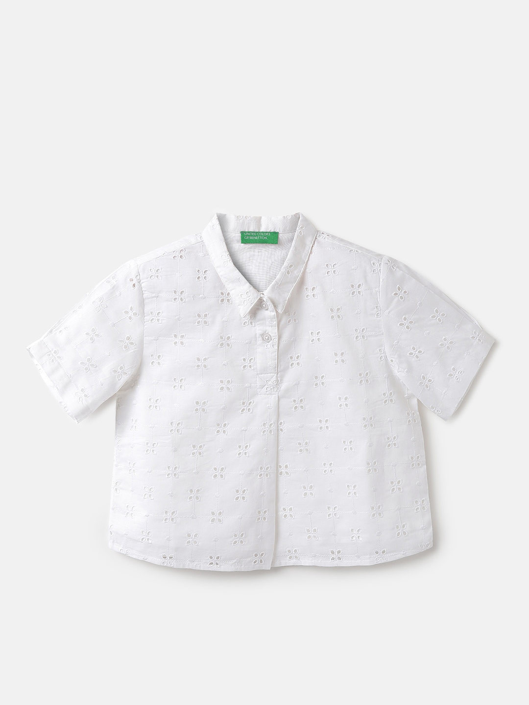 

United Colors of Benetton Girls Embroidered Spread Collar Schiffli Cotton Shirt Style Top, White