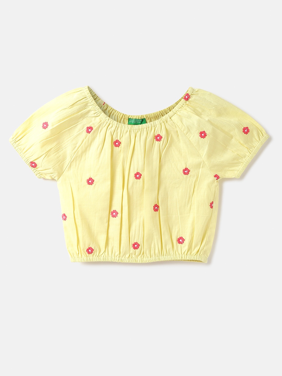 

United Colors of Benetton Girls Floral Embroidered Cotton Blouson Top, Yellow
