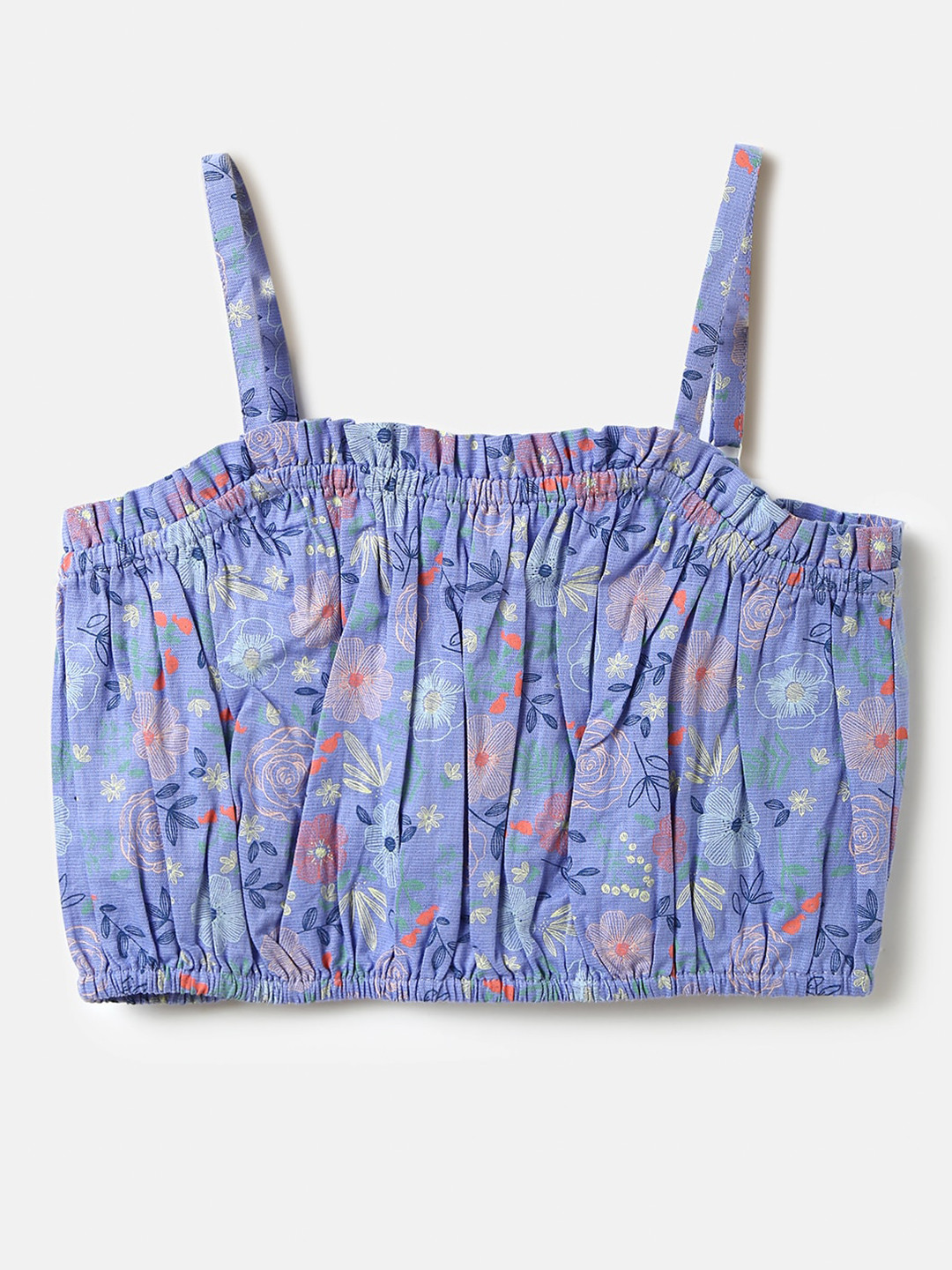 

United Colors of Benetton Girls Floral Printed Shoulder Strap Blouson Crop Top, Blue