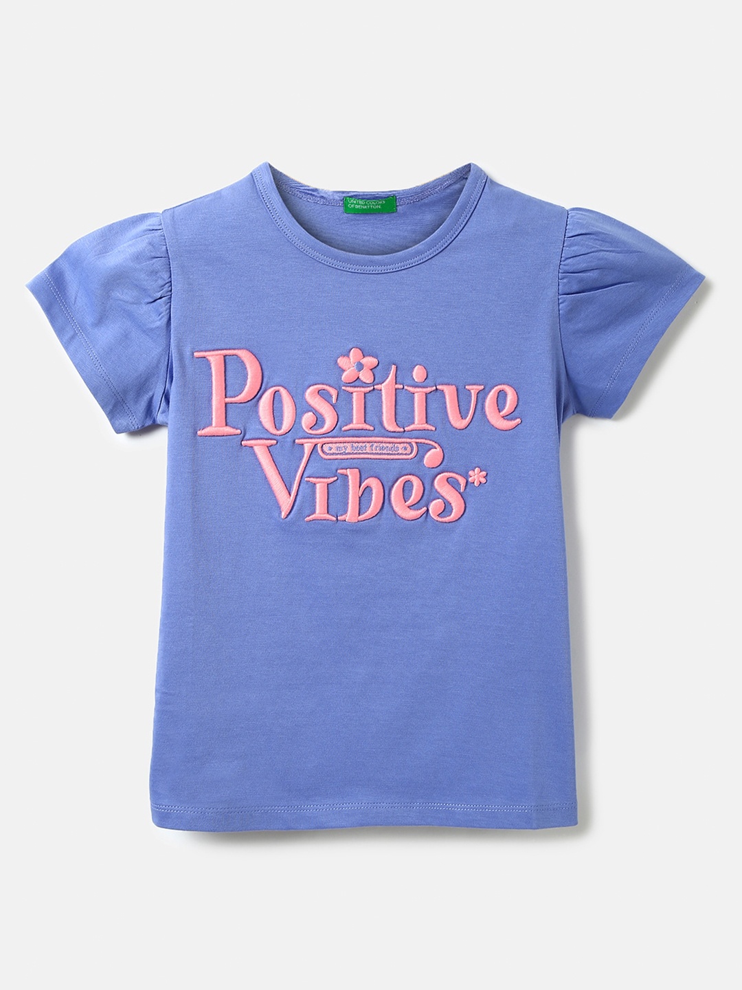 

United Colors of Benetton Girls Round Neck Typography Embroidery Cotton Top, Blue