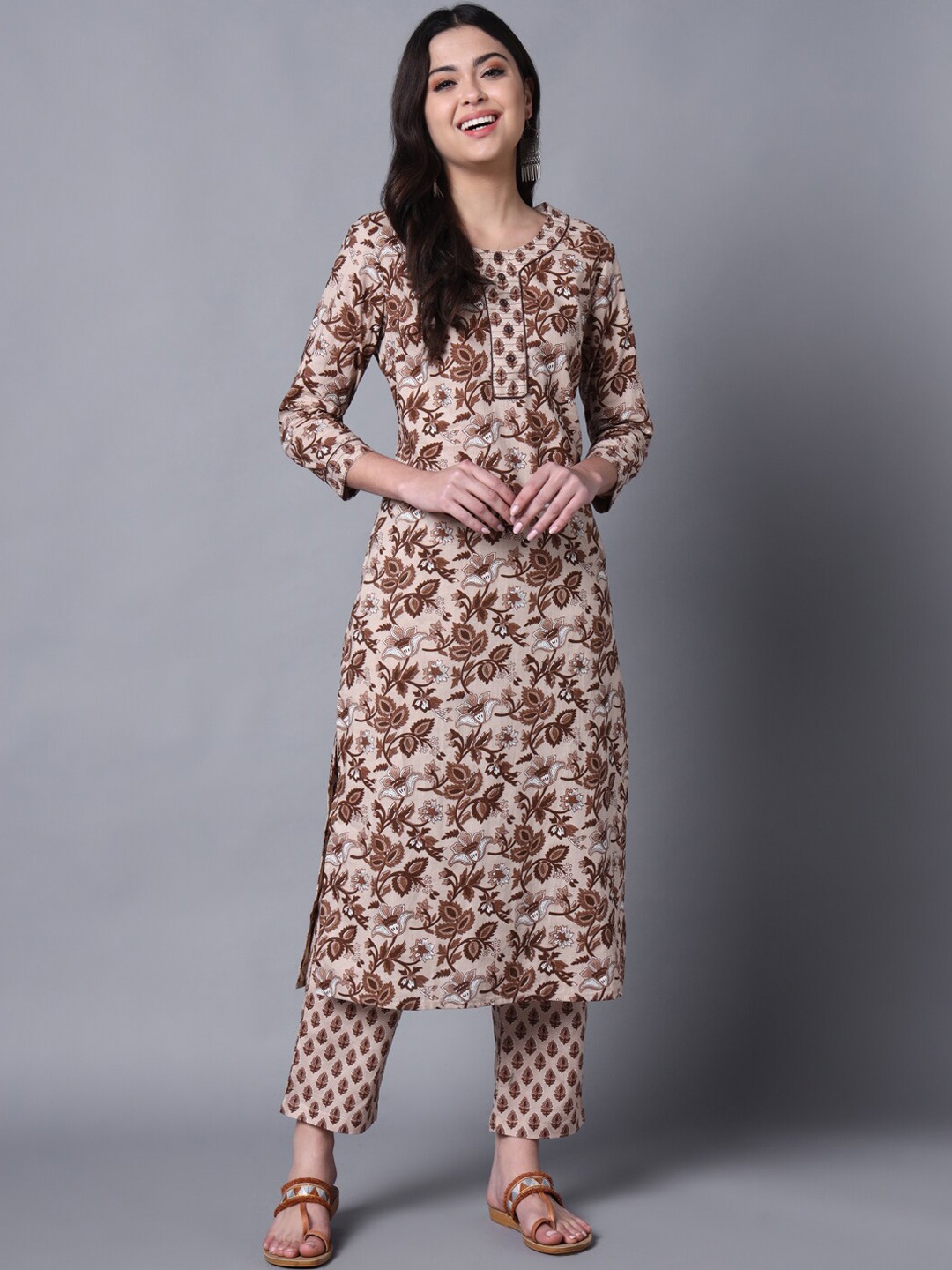 

Sutidora Floral Printed Pure Cotton Kurta with Trousers, Beige