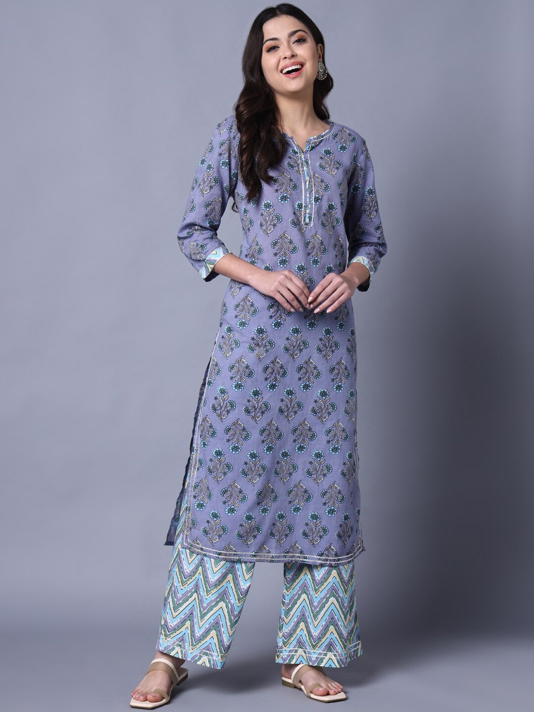 

Sutidora Floral Printed Pure Cotton Straight Kurta with Palazzos, Violet