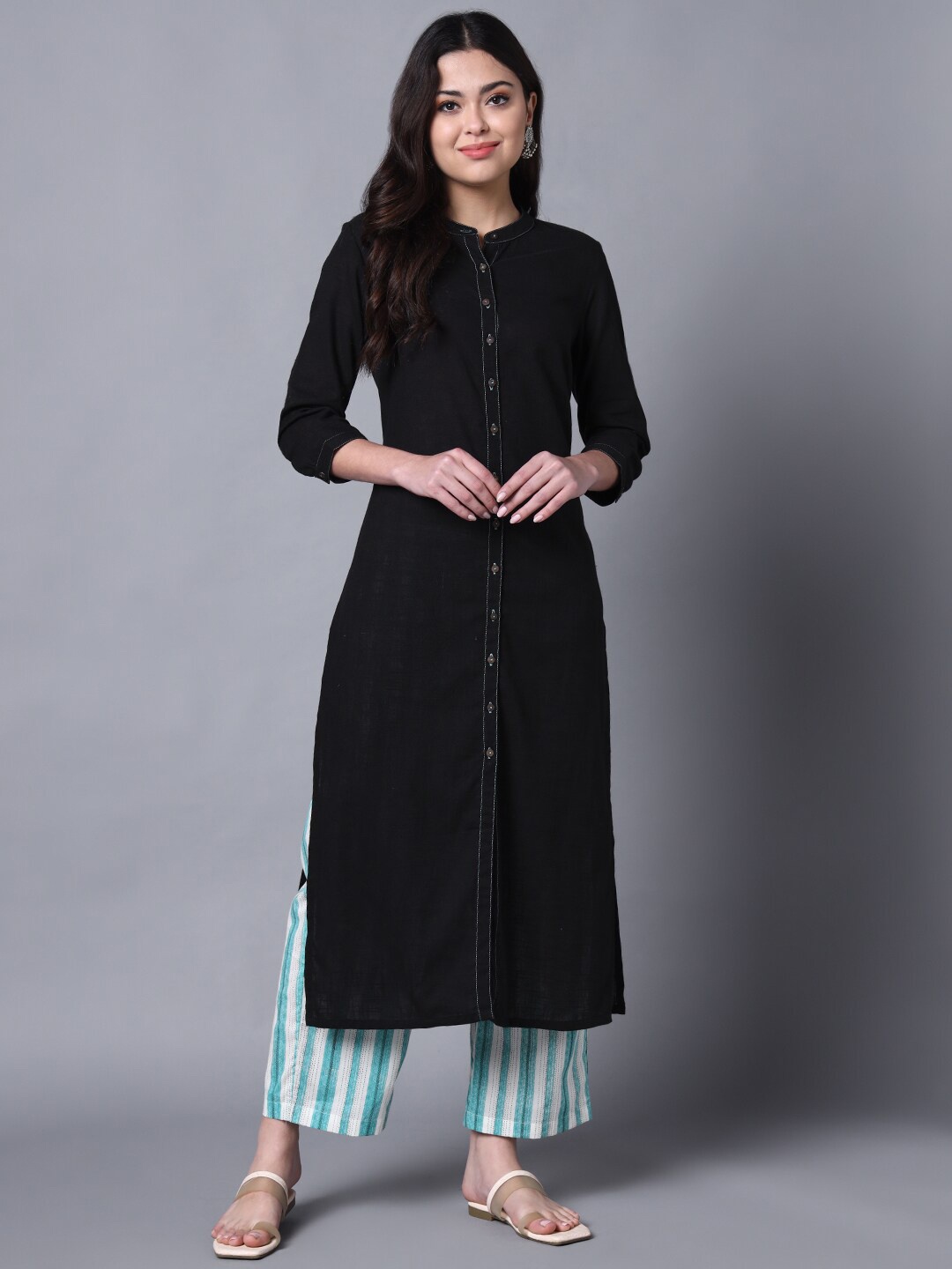 

Sutidora Mandarin Collar Pure Cotton Kurta With Trousers, Black