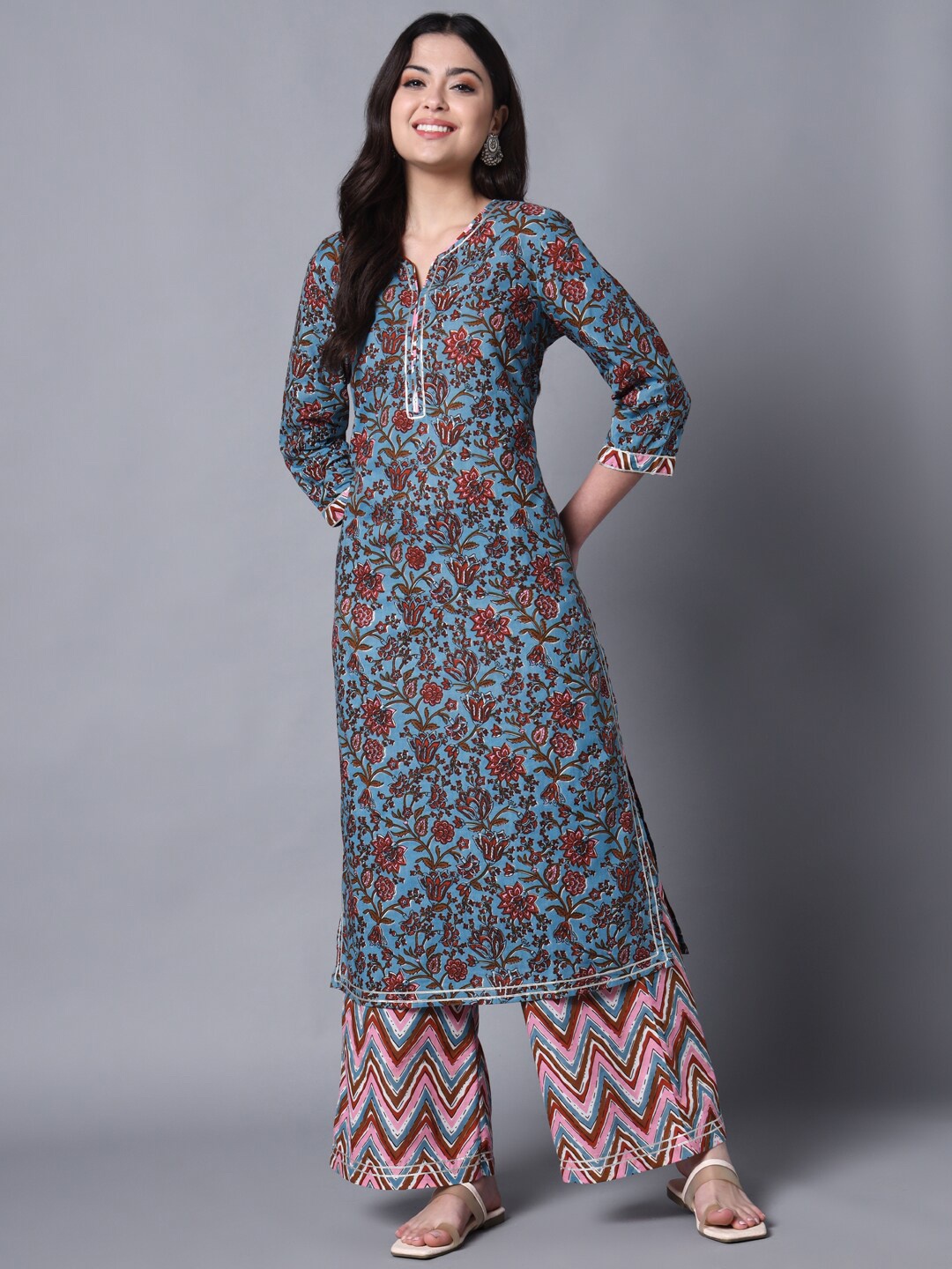 

Sutidora Floral Printed Pure Cotton Kurta with Trousers, Blue