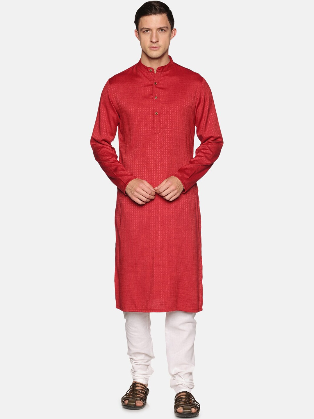 

Saffron Threads Self Design Straight Dobby Kurta, Red
