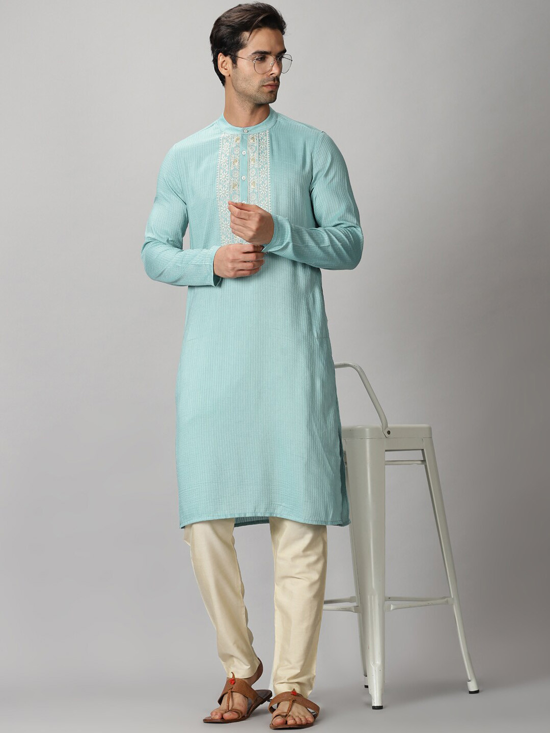 

Saffron Threads Striped Chikankari Detailed Yoke Design Kurta, Blue