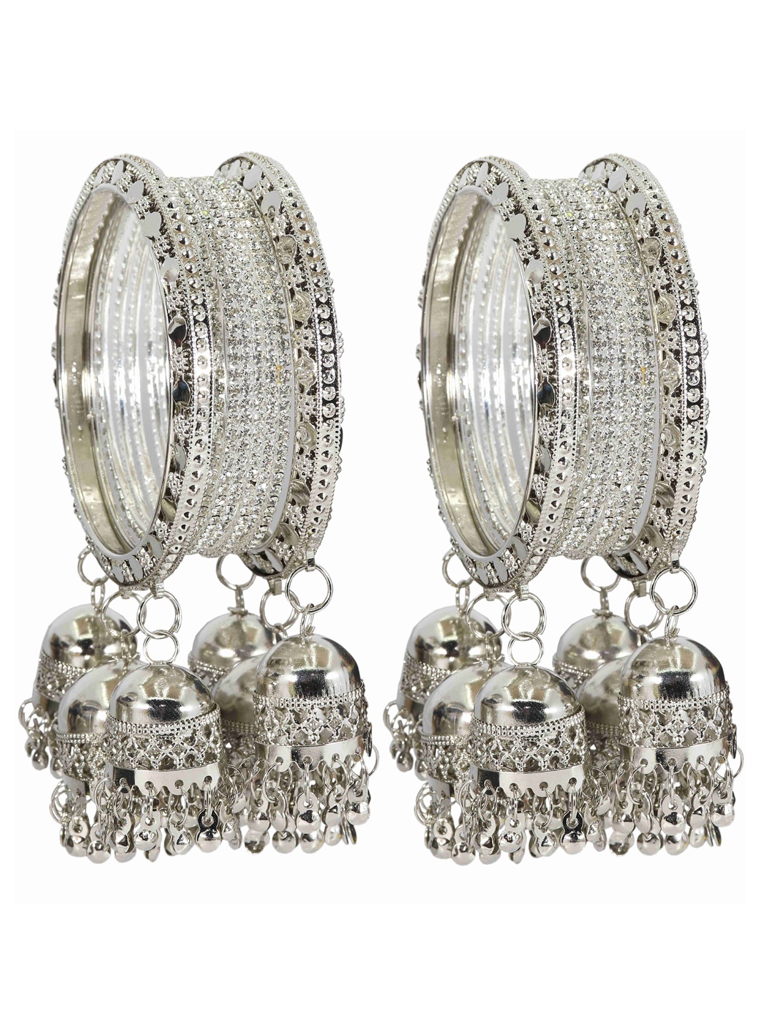

NMII 16 Pcs Zircon Studded Latkan Linked Kaleere Antique Bangles, Silver