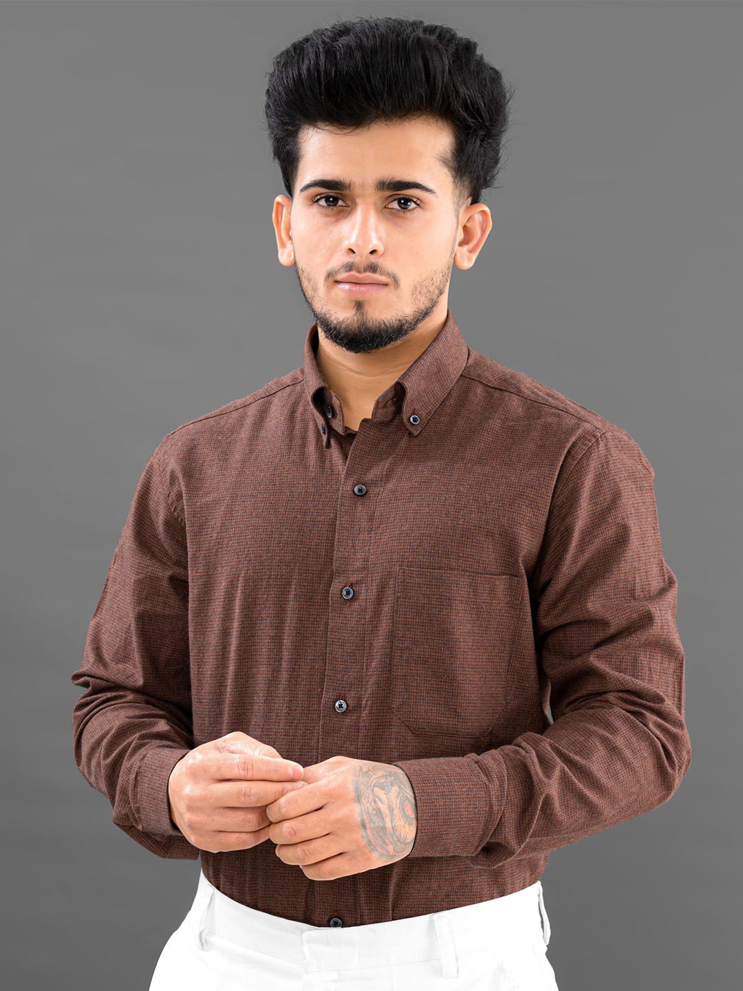 

FRENCH CROWN Standard Micro Checked Cotton Formal Shirt, Brown
