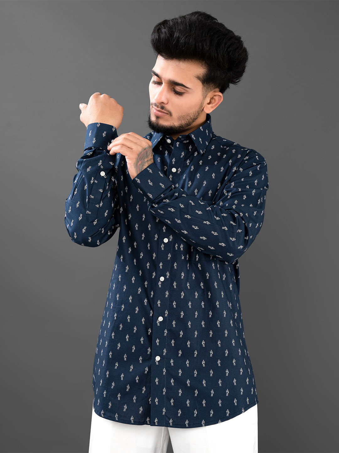 

FRENCH CROWN Men Conversational Printed Standard Cotton Casual Shirt, Blue