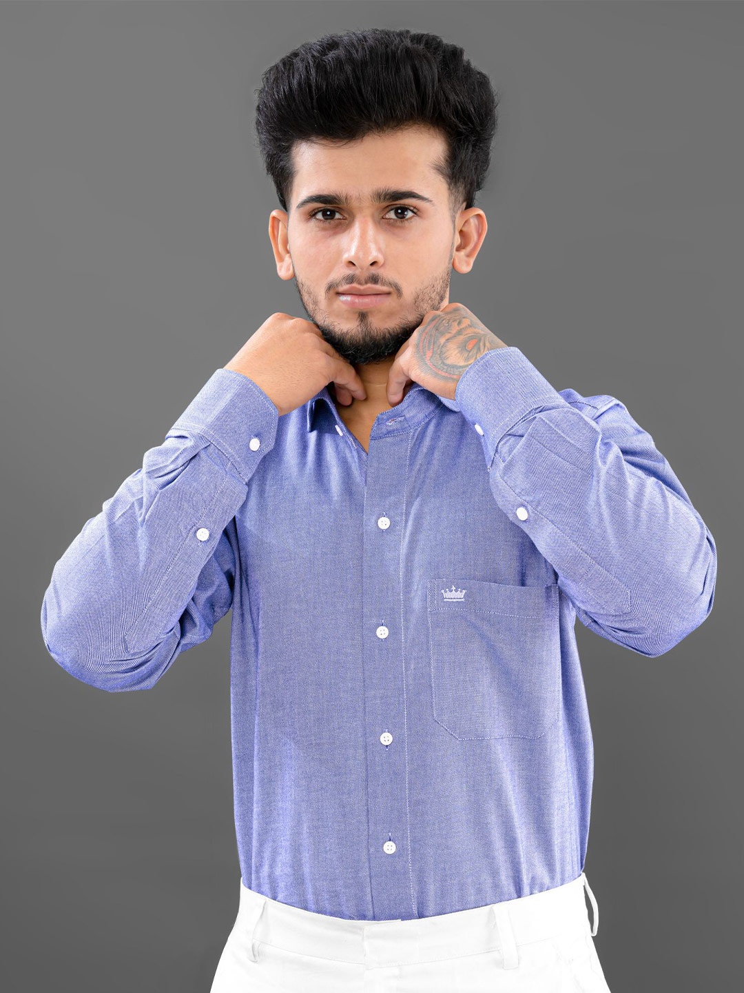 

FRENCH CROWN Men Standard Self Design Textured Cotton Casual Shirt, Blue