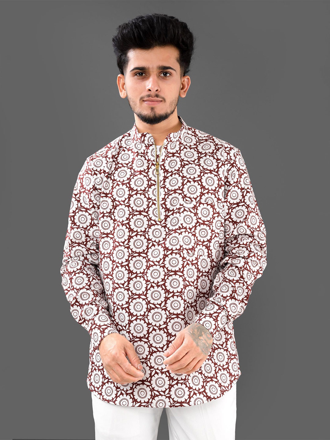 

FRENCH CROWN Men Twill Standard Printed Casual Cotton Shirt, White