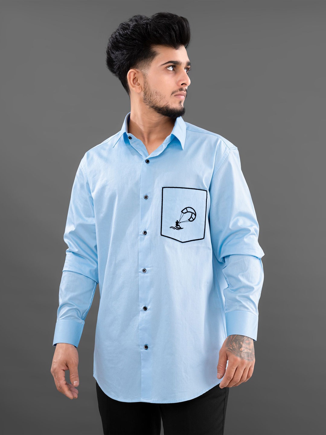 

FRENCH CROWN Men Embroidered Detail Standard Twill Weave Casual Cotton Shirt, Turquoise blue