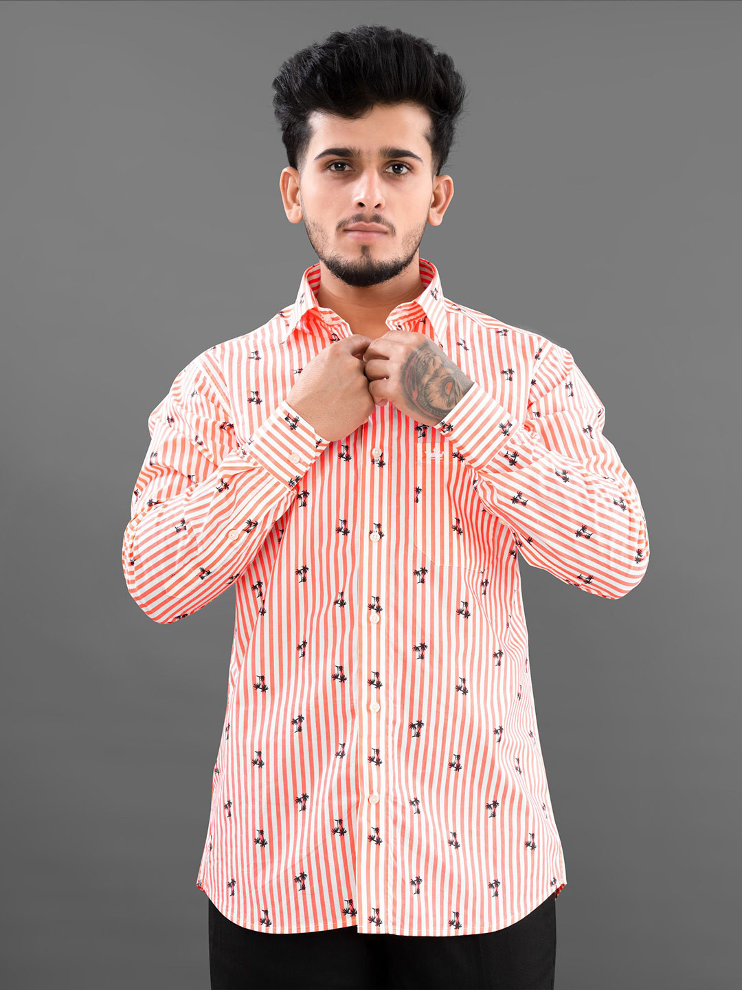 

FRENCH CROWN Men Standard Striped with Trees Printed Premium Cotton Shirt, Orange