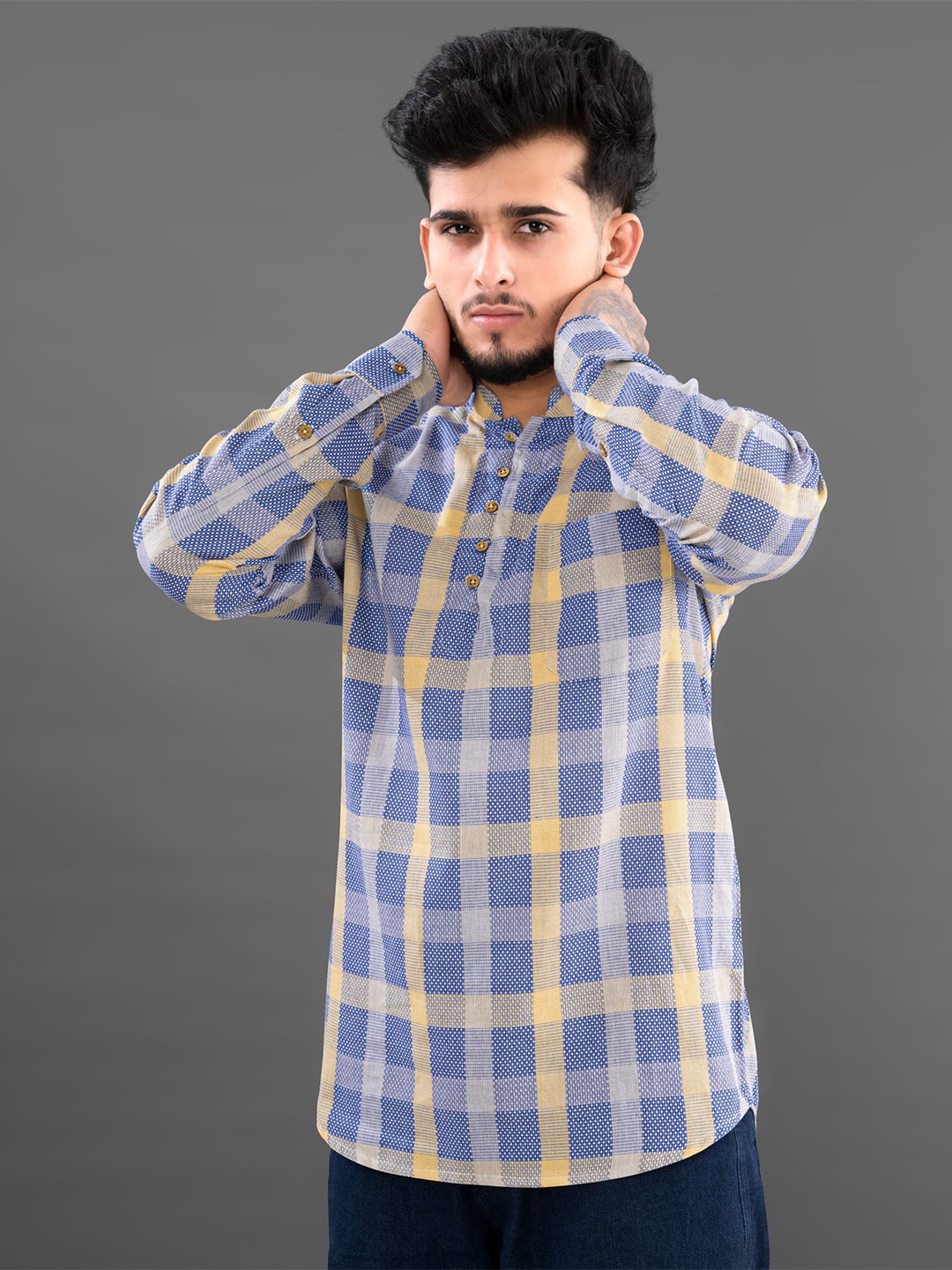 

FRENCH CROWN Men Standard Twill Checked Cotton Shirt, Blue