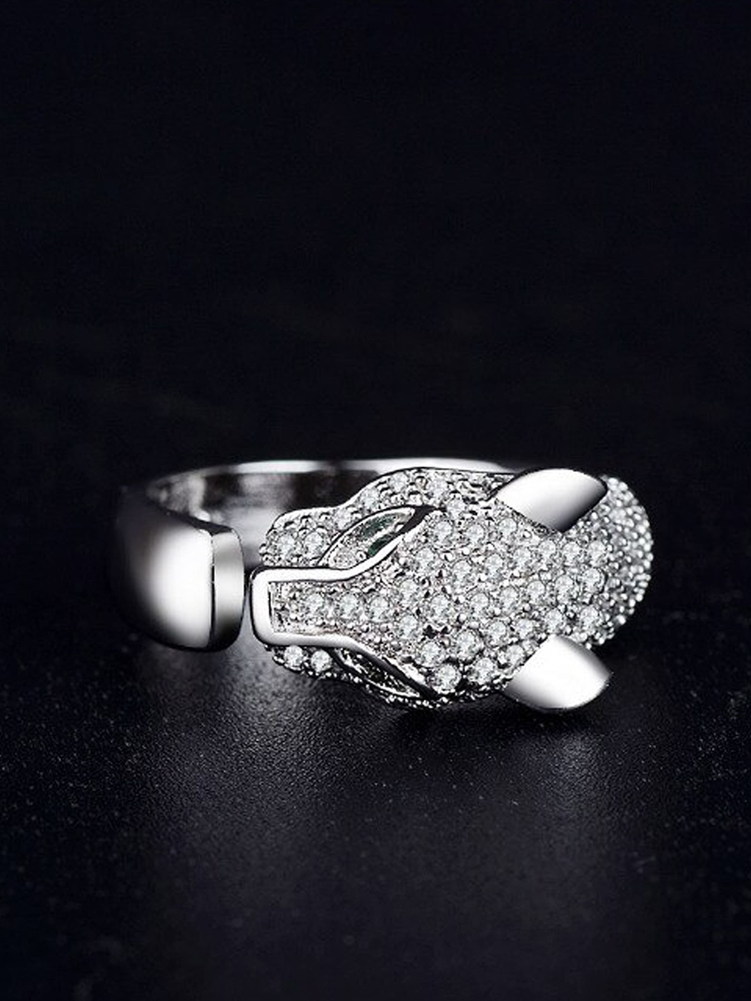 

Fashion Frill Silver-Plated & AD Stone-Studded Leopard Design Finger Ring