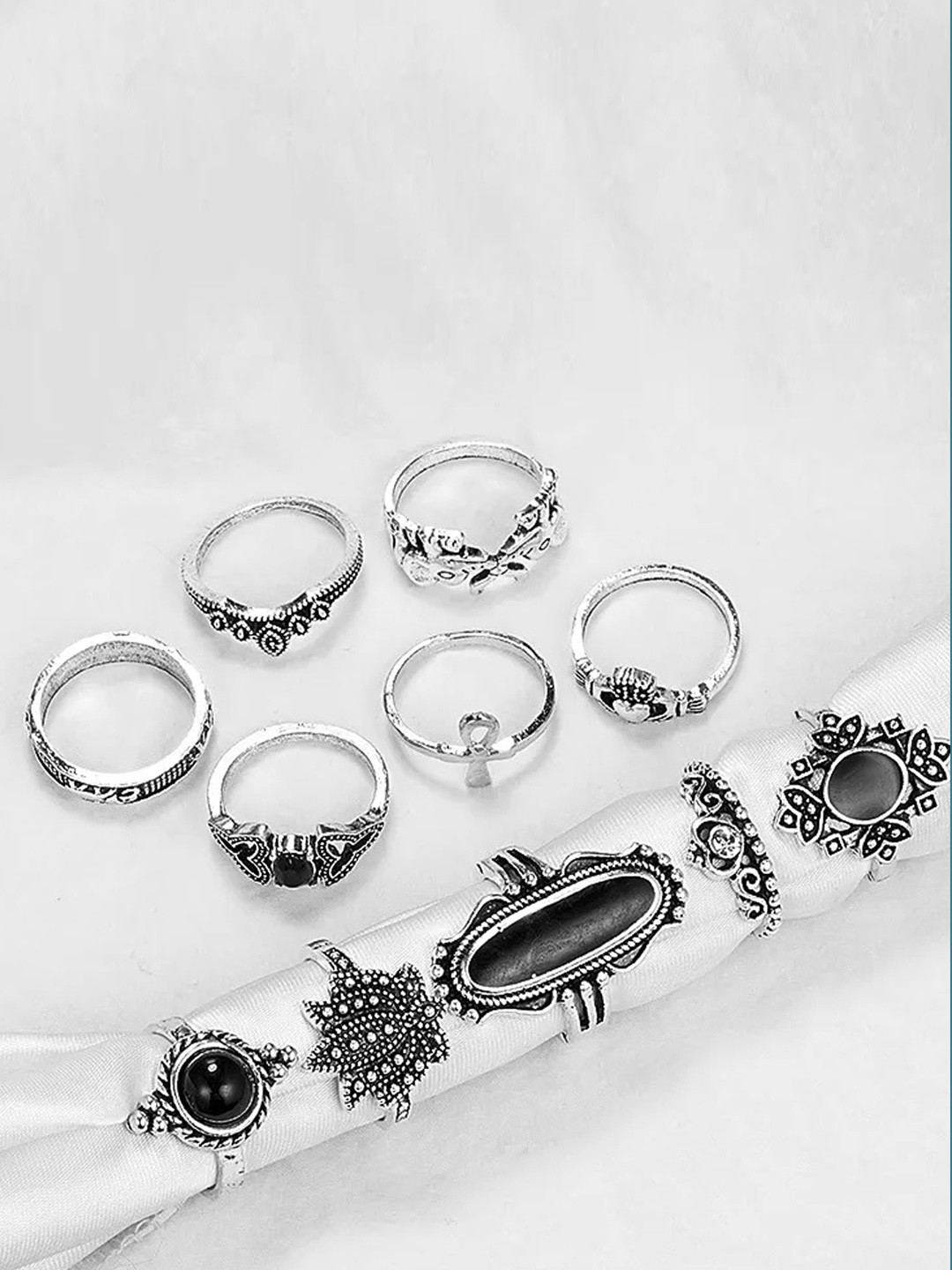 

Fashion Frill Set Of 11 Oxidized Silver-Plated CZ Studded Boho Finger Ring