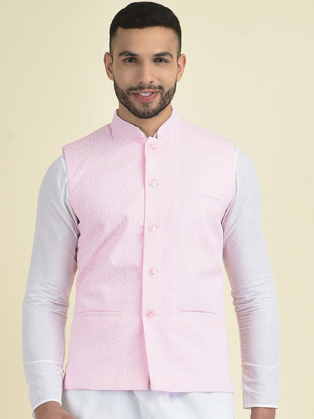 

DEYANN Men Embroidered Pure Cotton Nehru Jacket, Pink