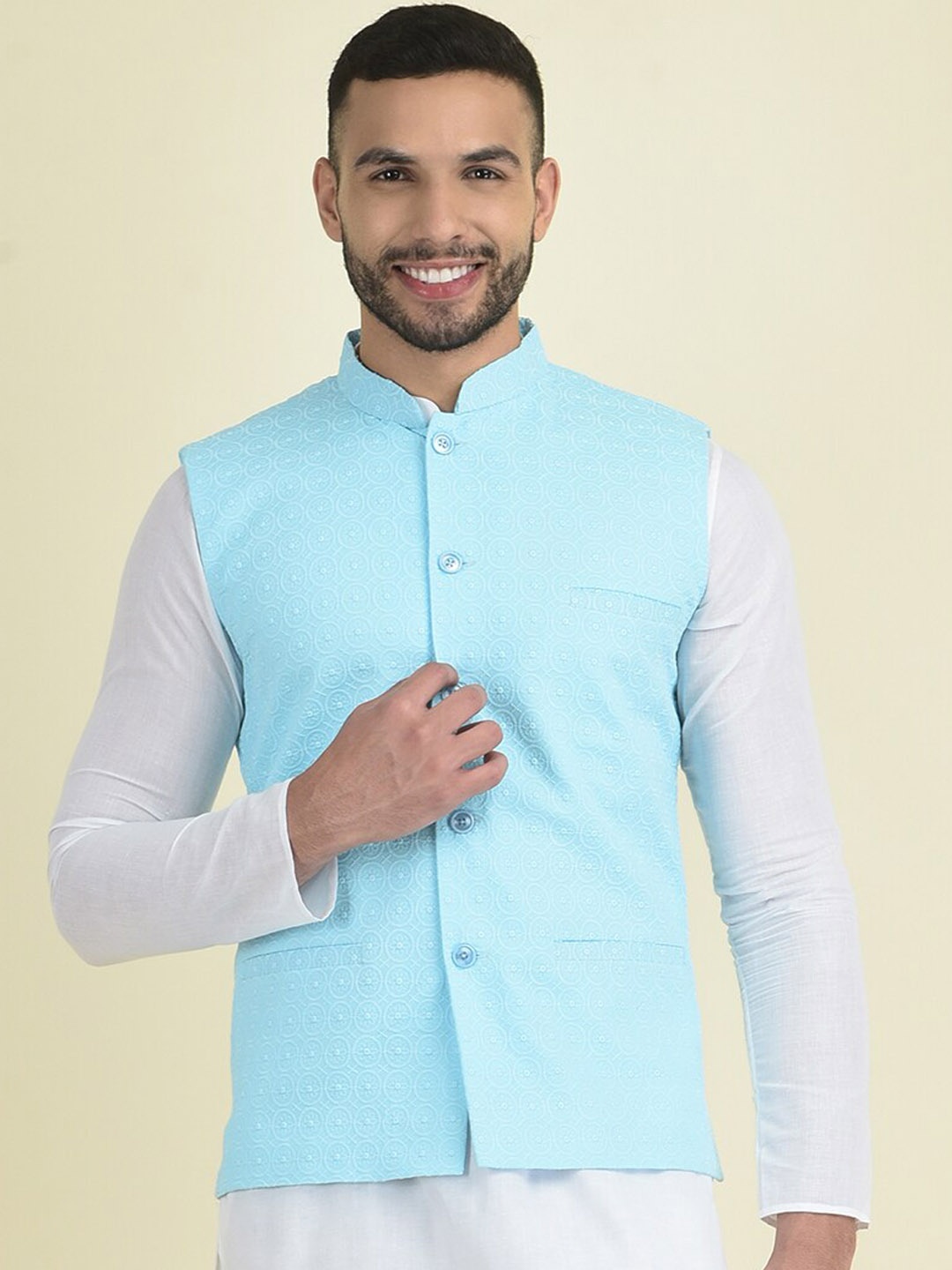 

DEYANN Embroidered Pure Cotton Nehru Jacket, Blue