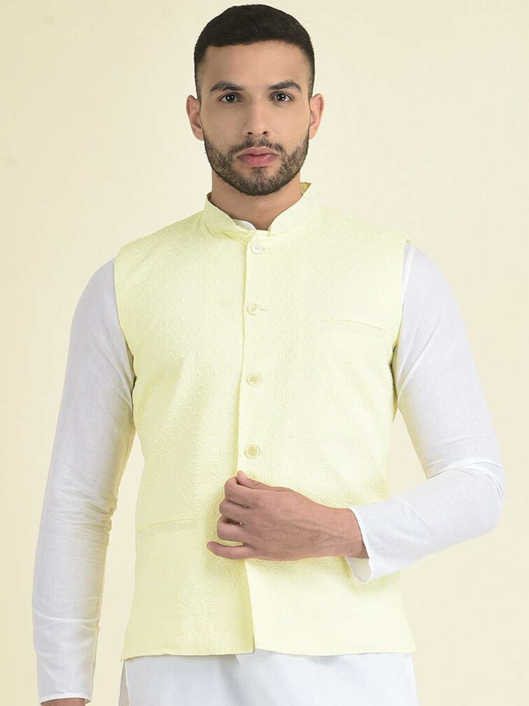 DEYANN Chikankari Pure Cotton Satin Weave Nehru Jacket, Yellow