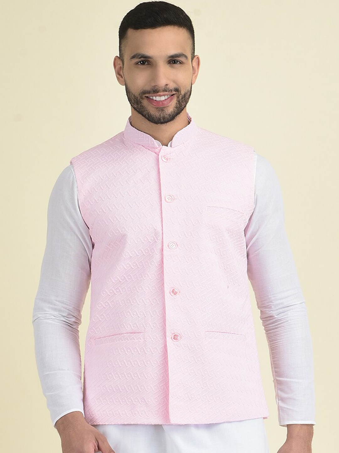 

DEYANN Embroidered Pure Cotton Nehru Jacket, Pink