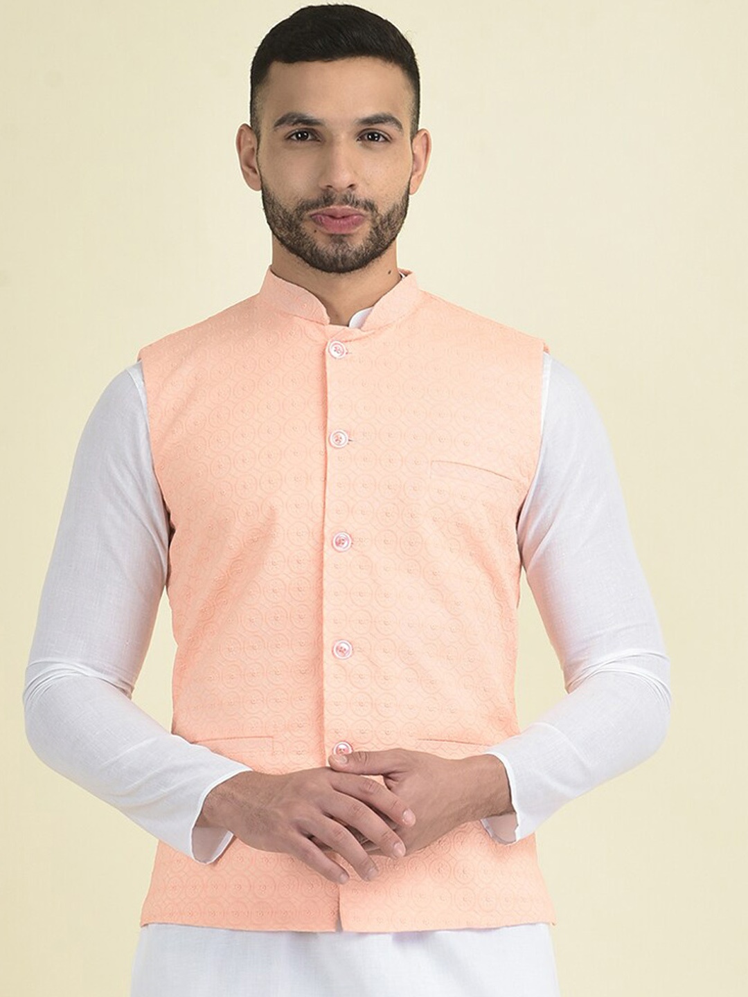 

DEYANN Embroidered Cotton Satin Woven Nehru Jacket, Peach