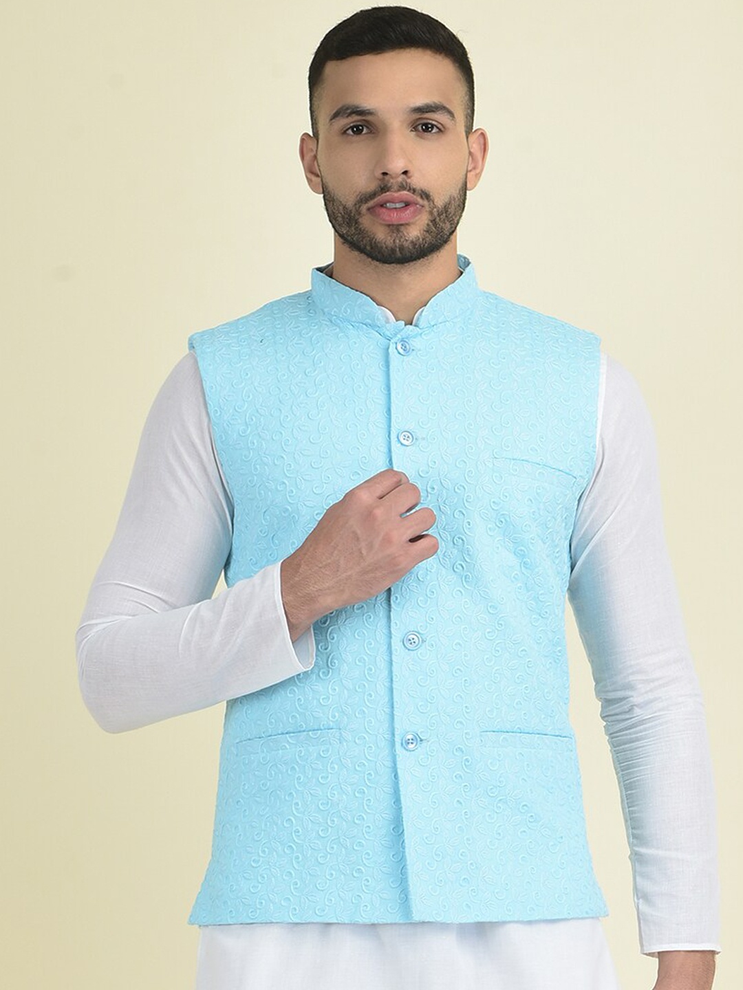 

DEYANN Chikankari Embroidered Pure Cotton Nehru Jacket, Blue