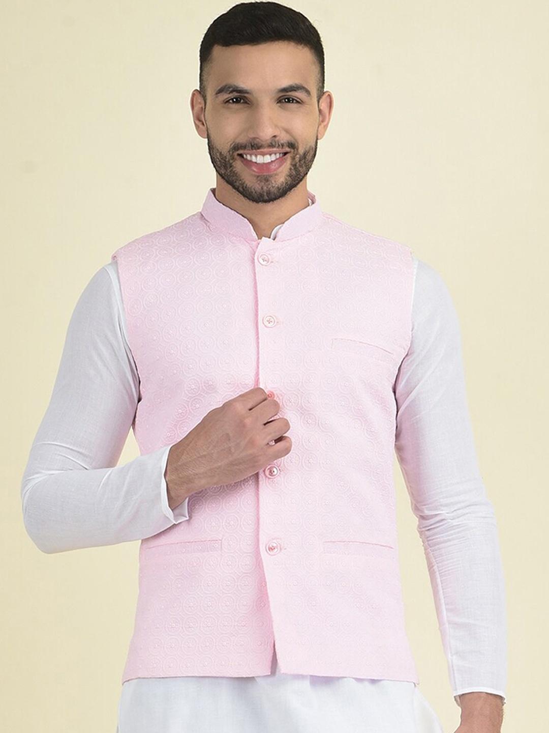 

DEYANN Men Embroidered Pure Cotton Nehru Jackets, Pink