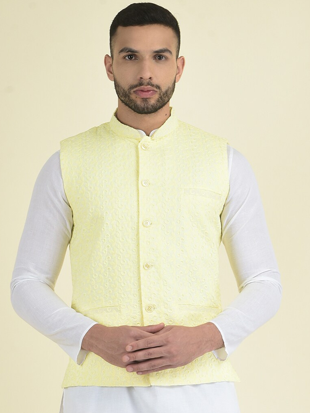 

DEYANN Embroidered Pure Cotton Mandarin Collar Ethnic Nehru Jacket, Yellow