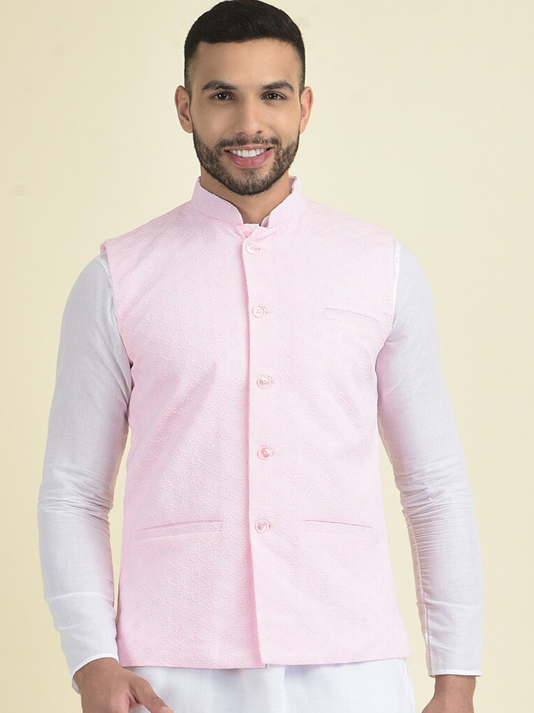 

DEYANN Embroidered Pure Cotton Mandarin Collar Ethnic Nehru Jacket, Pink