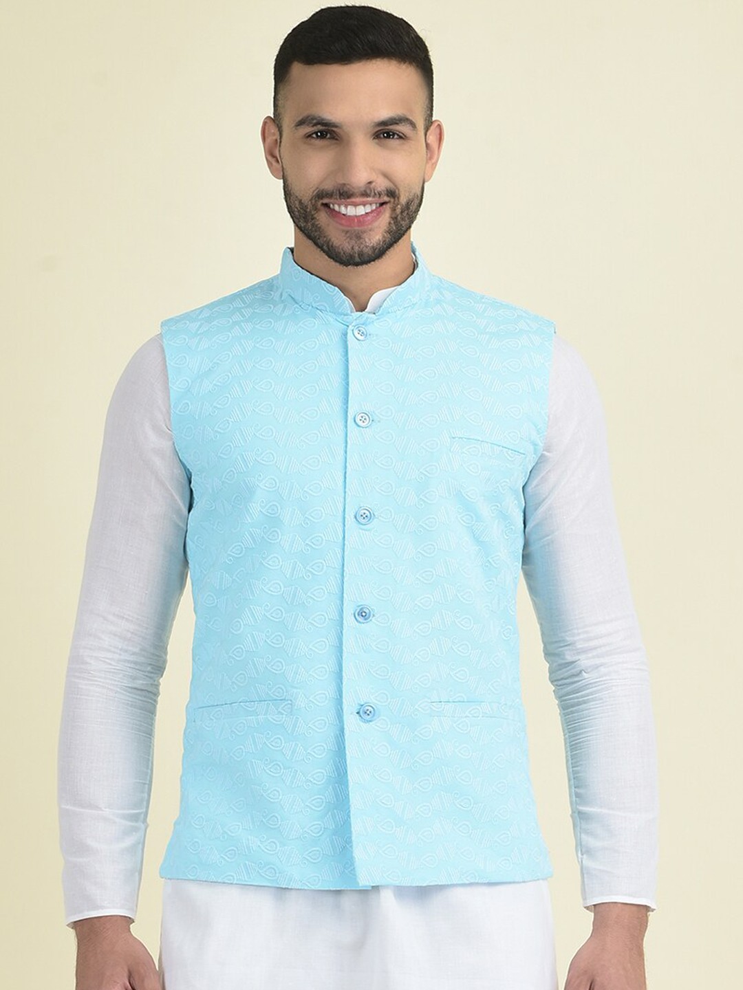 

DEYANN Embroidered Pure Cotton Mandarin Collar Ethnic Nehru Jacket, Blue