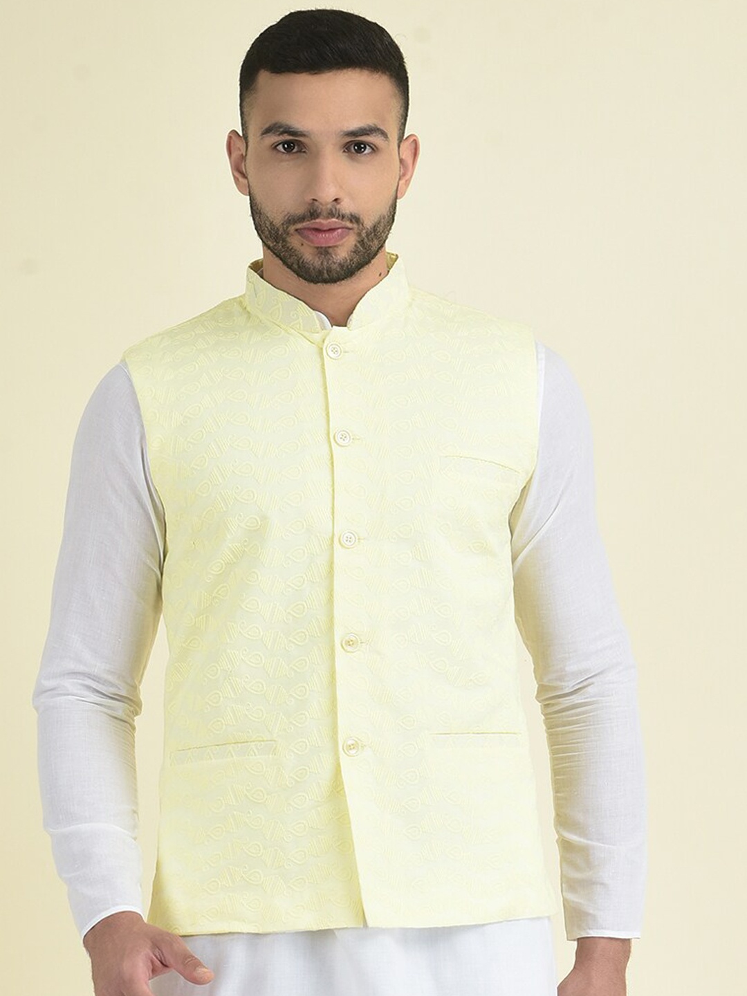 

DEYANN Embroidered Pure Cotton Mandarin Collar Ethnic Nehru Jacket, Yellow