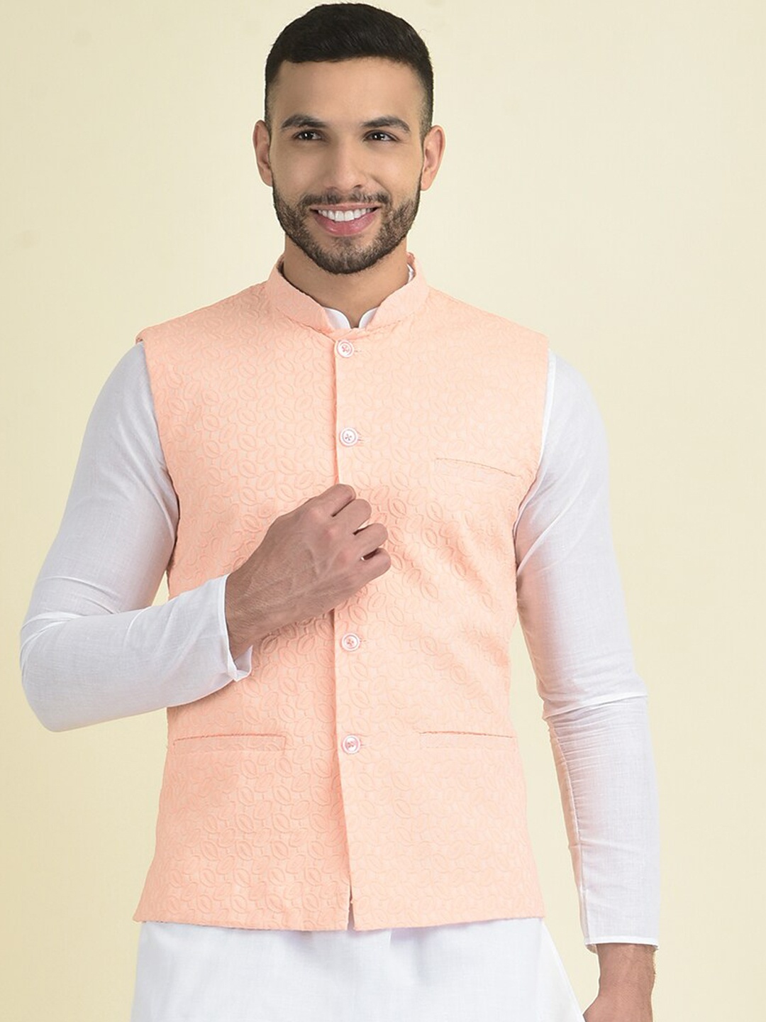 

DEYANN Embroidered Pure Cotton Mandarin Collar Ethnic Nehru Jacket, Peach