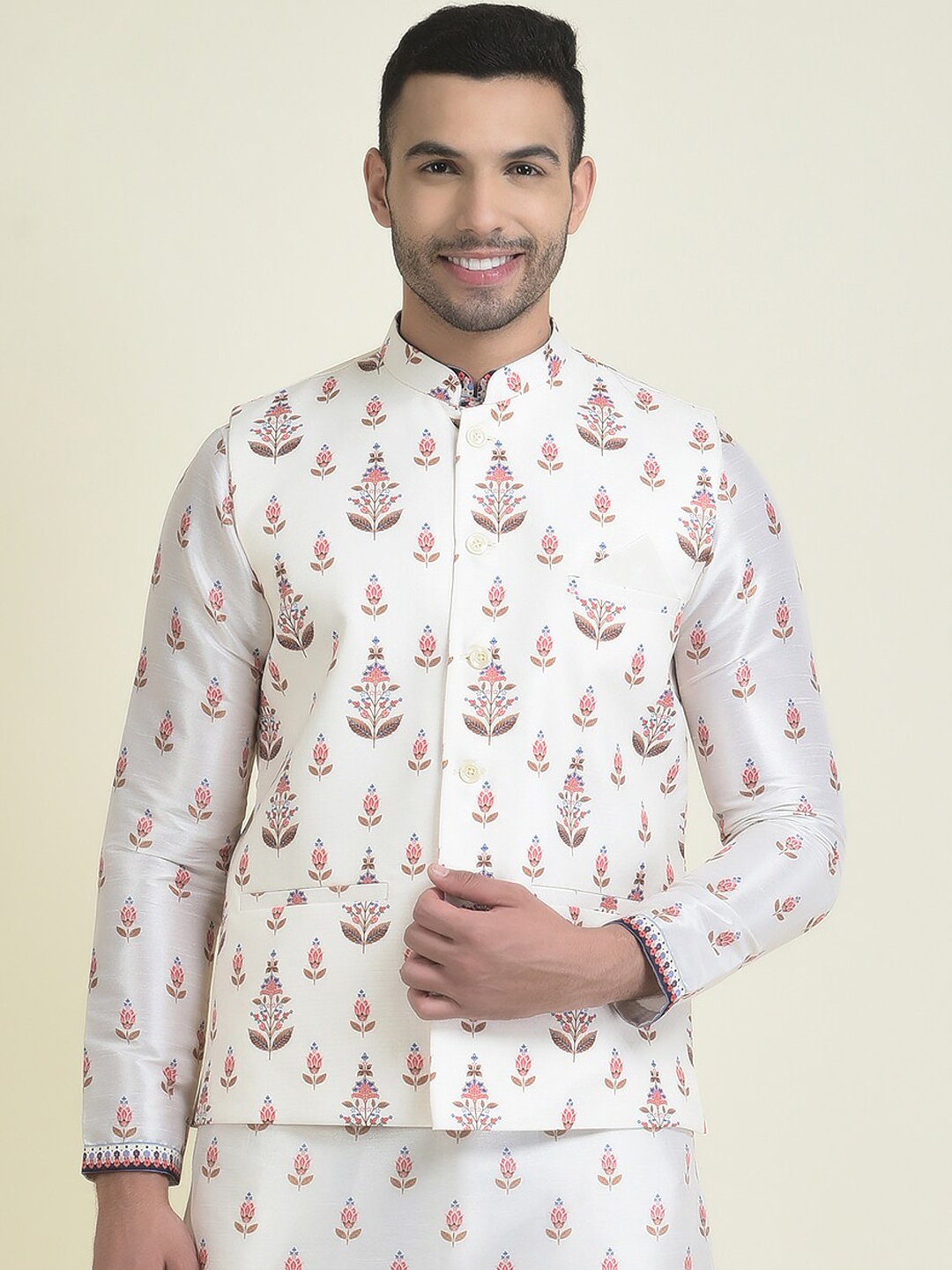 

DEYANN Men Printed Pure Cotton Nehru Jacket, Off white