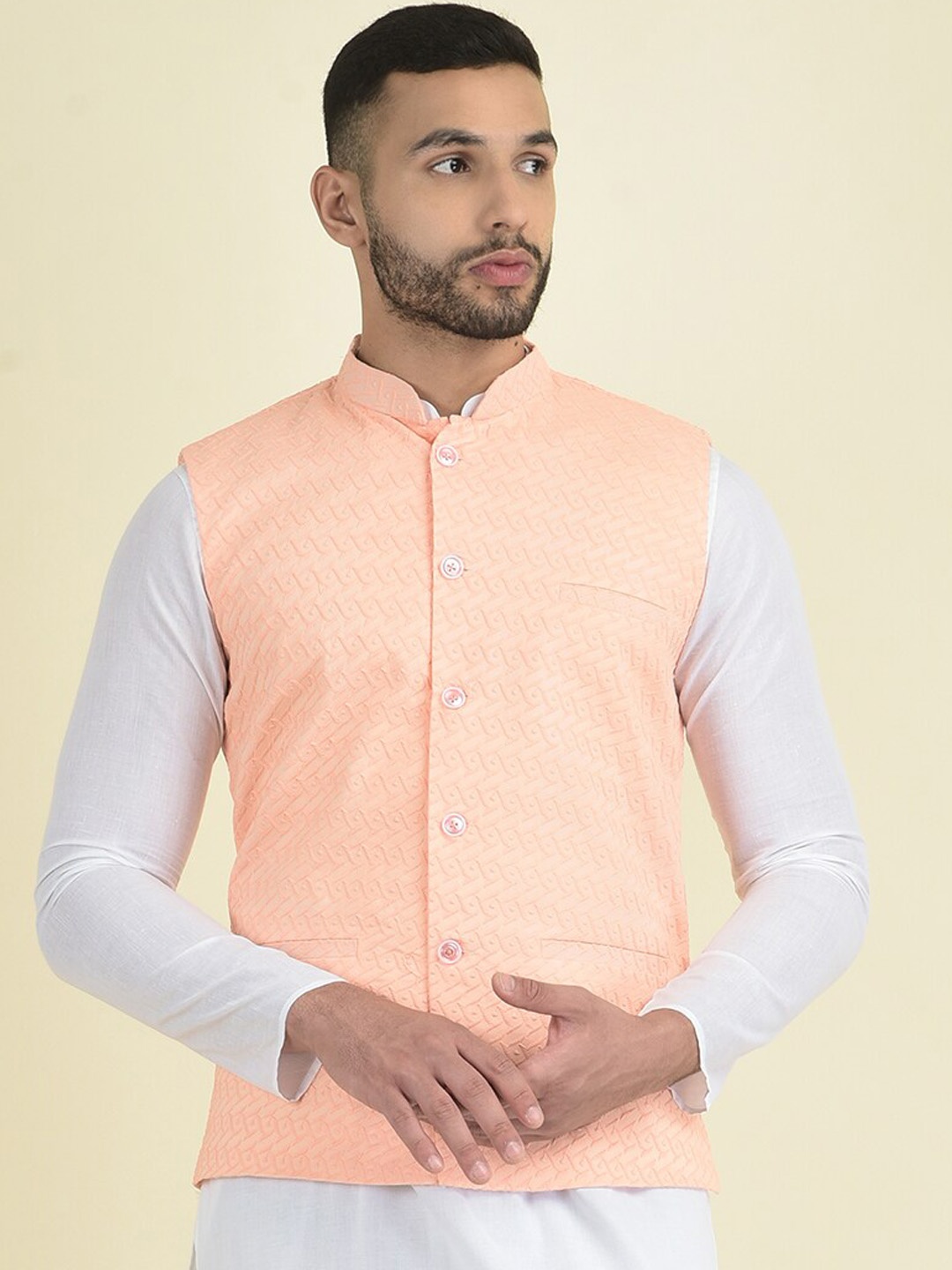 

DEYANN Chikankari Embroidered Pure Cotton Nehru Jacket, Peach