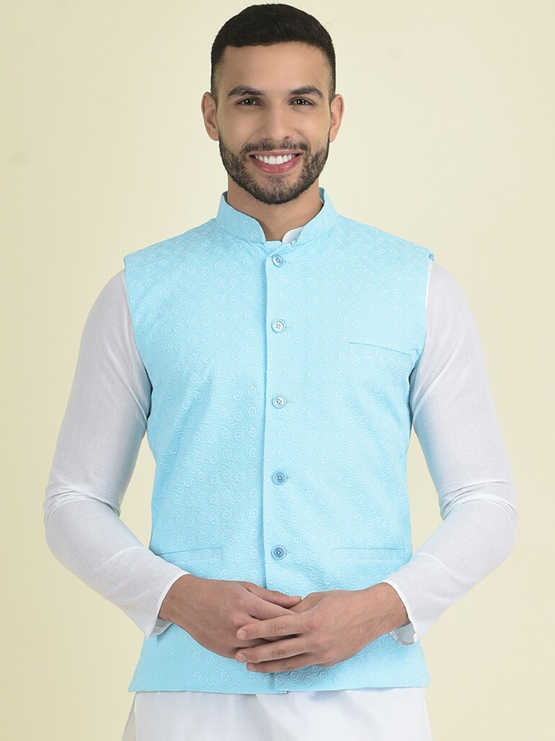 

DEYANN Embellished Pure Cotton Nehru Jacket, Blue