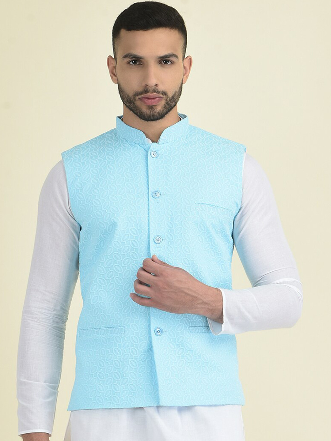 

DEYANN Embroidered Pure CottonNehru Jackets, Blue