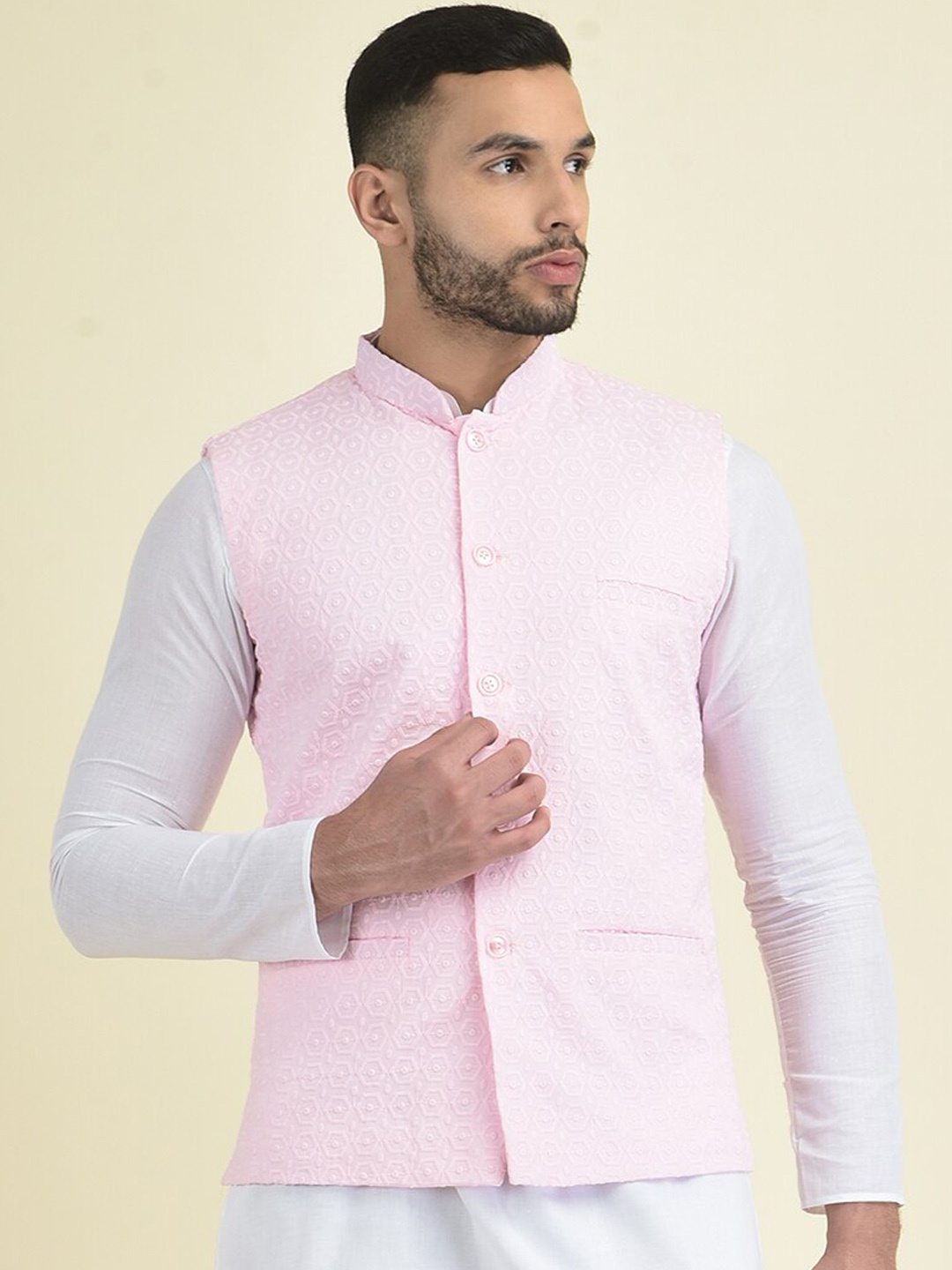 DEYANN Embroidered Pure Cotton Nehru Jackets, Pink
