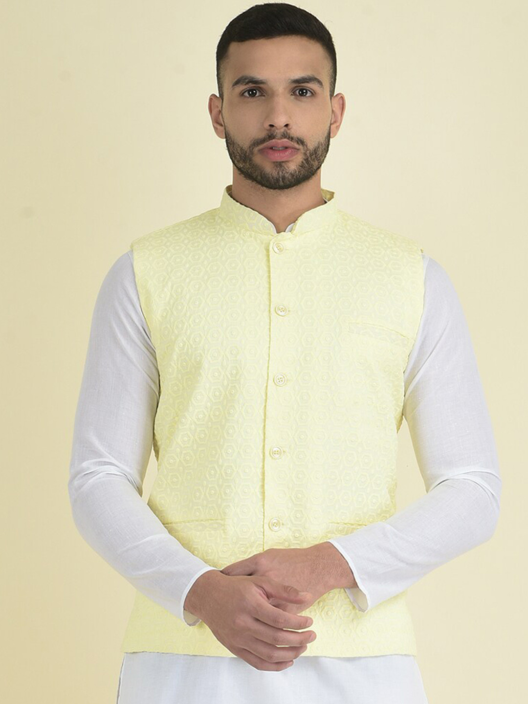 

DEYANN Woven Design Pure Cotton Nehru Jackets, Yellow