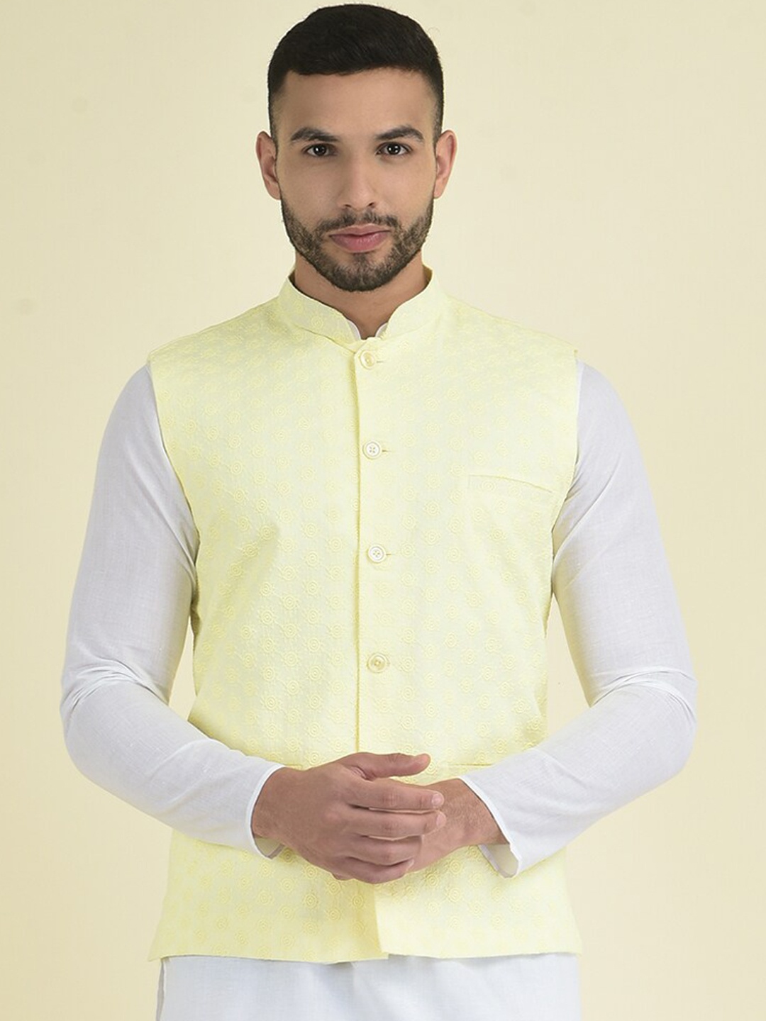 DEYANN Woven Design Pure Cotton Nehru Jackets, Yellow