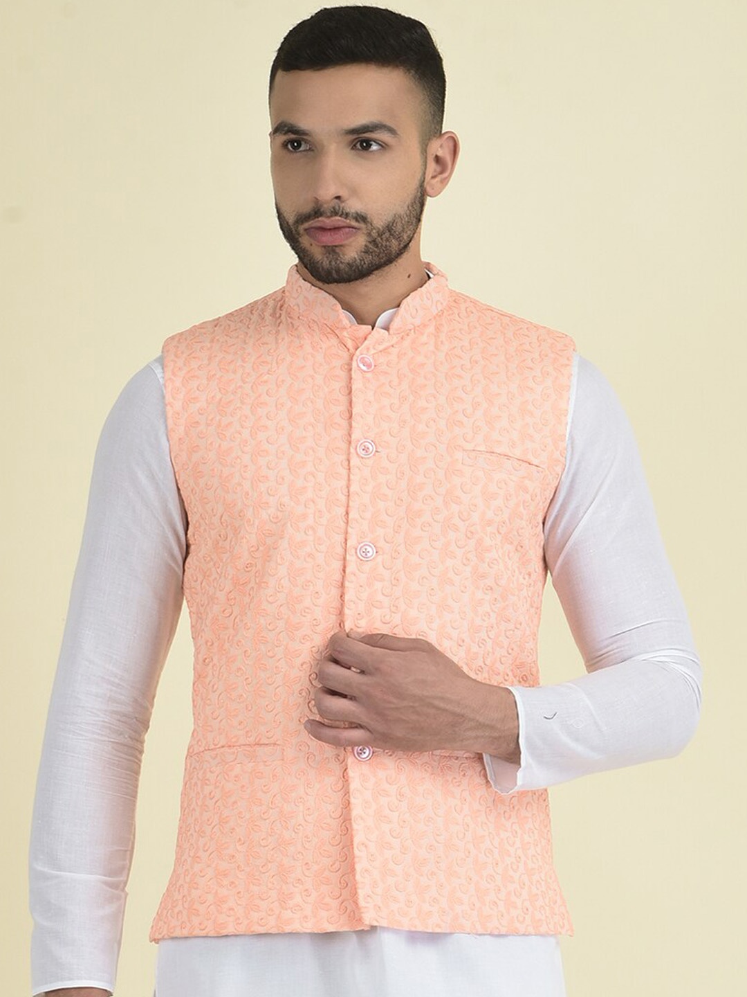 

DEYANN Woven design Pure Cotton Nehru Jackets, Peach