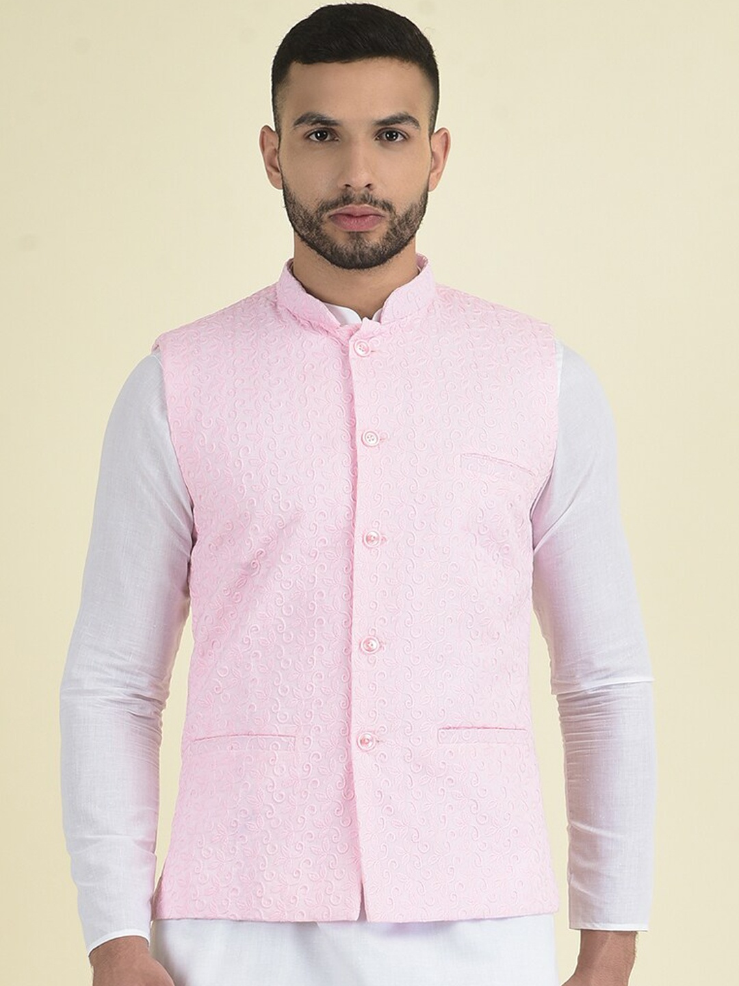 

DEYANN Cotton Woven Nehru Jacket, Pink