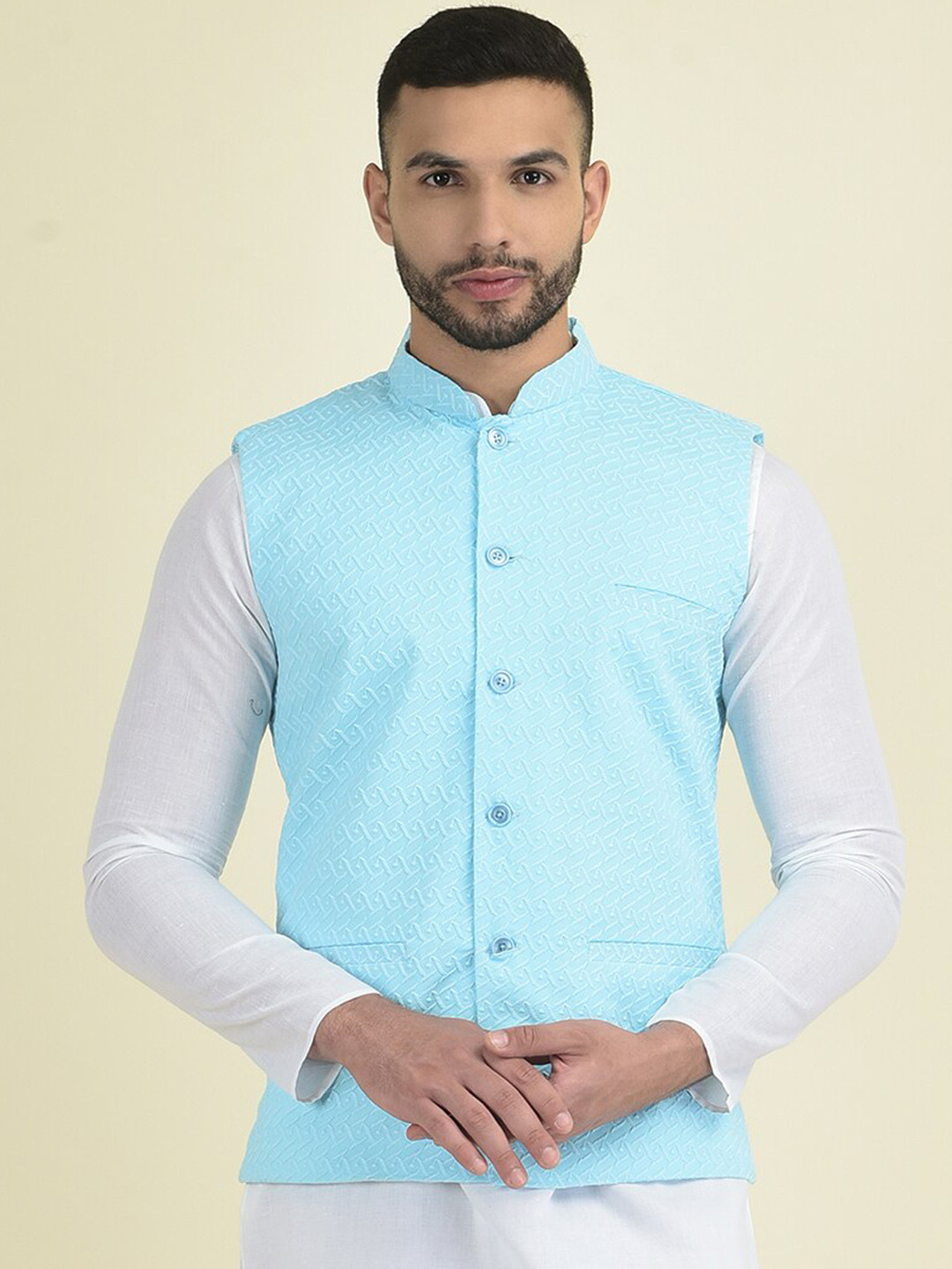 

DEYANN Woven Pure Cotton Nehru Jacket, Blue